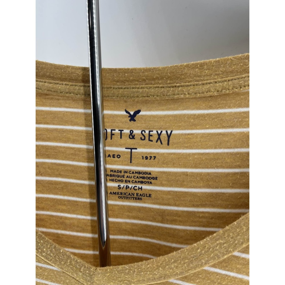 American Eagle Soft & Sexy V-Neck Long Sleeve Striped Tee Mustard Yellow Small - Picture 2 of 3